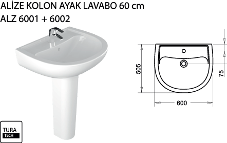 TURAVİT ALİZE 60 CM LAVABO + KOLON AYAK KOD: ALZ 6001+6002